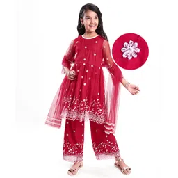 Pine Kids Woven Three Fourth Sleeves Sequinned Floral Embroidered Kurta Churidar Set with Dupatta -Dark Red-picture-23