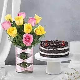 Pink & Yellow Roses Vase & Black Forest Cake-picture-36