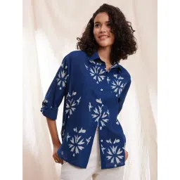 Pink Fort Blue Cotton Floral Print Shirt-picture-30