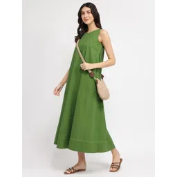 Pink Fort Women Green Cotton Solid A-Line Dress-picture-28