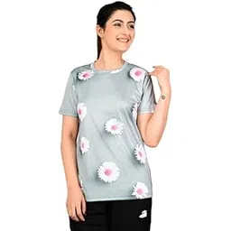 pink grapes Women's Grey Floral Print Swimsuit – Round Neck, Short Sleeve, Quick-Dry, Stretchable-picture-54
