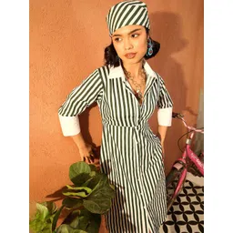 Pink Paprika by SASSAFRAS Women Striped Slits Shirt Collar Cotton A-Line Midi Dress-picture-15