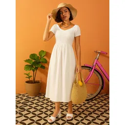 Pink Paprika by SASSAFRAS Women V-Neck Smocked Cotton Fit & Flare Midi Dress-picture-31