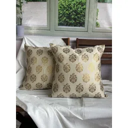 Pink Parrot Beige & Gold-Toned 2 Pieces Ethnic Motifs Jacquard Silk Square Cushion Covers-picture-31