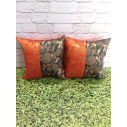 Pink Parrot Orange & Grey 2 Pieces Ethnic Motifs Jacquard Silk Square Cushion Covers-picture-22