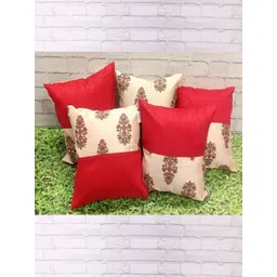 Pink Parrot Red & Cream-Coloured 5 Pieces Ethnic Jacquard Silk Square Cushion Covers-picture-29