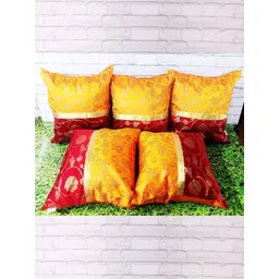 Pink Parrot Red & Yellow 5 Pieces Ethnic Motifs Jacquard Silk Square Cushion Covers-picture-15