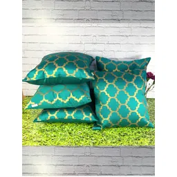Pink Parrot Teal & Beige 5 Pieces Geometric Jacquard Silk Square Cushion Covers-picture-16