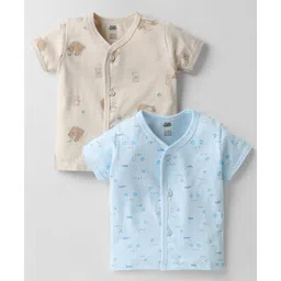 Pink Rabbit Single Jersey Knit Half Sleeves Front Open Vests with Animal Print Pack of 2 - Light Blue & Beige-picture-11