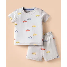 Pink Rabbit Single Jersey Knit Half Sleeves Shorts Co-ords Night Suit With Vehicle Print - Grey-picture-10