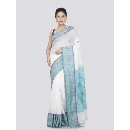Pinkloom White & Blue Cotton Woven Saree With Unstitched Blouse-picture-12