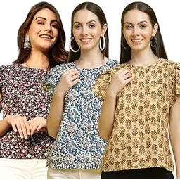 pinkmint Women's Printed Combo Tops ll Regular Fit Ruffle Trim Petal Sleeve ll Fancy Girls Top (Pack of 3)-picture-55
