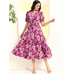 Pinly Floral Printed Puff Sleeve Smocked Tiered Fit & Flare Midi Dress-picture-36