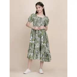 Pinly Girls Floral Printed Puff Sleeve Square Neck Tiered Smocked Fit & Flare Midi Dress-picture-38