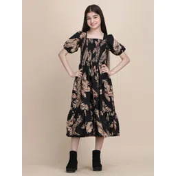 Pinly Tropical Print Puff Sleeve Crepe Fit & Flare Midi Dress-picture-40