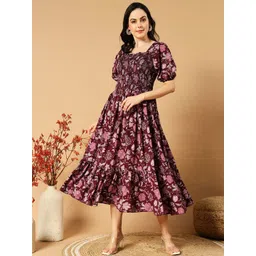 Pinly Women Floral Printed Puff Sleeve Crepe Fit & Flare Dress-picture-32