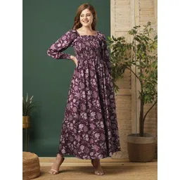 Pinly Women Floral Square Neck Smocked Puff Sleeve Crepe Fit & Flare Midi Dress-picture-30