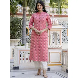Pistaa Floral Printed Mandarin Collar Straight Pure Cotton Kurta With Palazzos-picture-28