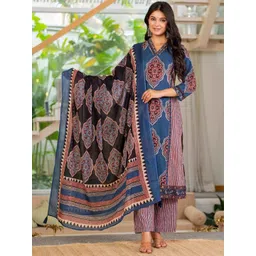 Pistaa Women Ethnic Motifs Printed Cotton Kurta with Trousers & Dupatta-picture-18