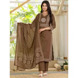 Pistaa Women Ethnic Motifs Printed Pure Cotton Kurta with Trouser & Dupatta-picture-28