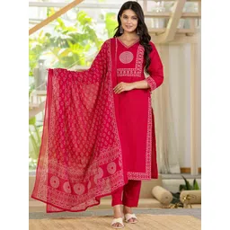 Pistaa Women Ethnic Motifs Printed Pure Cotton Kurta with Trouser & Dupatta-picture-27