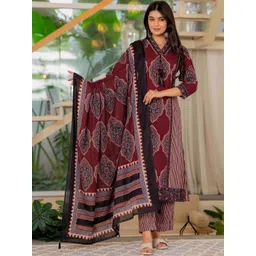 Pistaa Women Ethnic Motifs Printed Regular Pure Cotton Kurta with Trousers & With Dupatta-picture-13