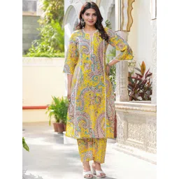 Pistaa Women Ethnic Motifs Printed Regular Pure Cotton Straight Kurta with Trousers-picture-15