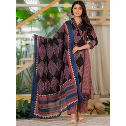 Pistaa Women Ethnic Motifs Printed Regular Thread Work Pure Cotton Kurta with Trousers & With Dupatta-picture-17