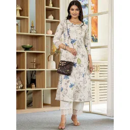 Pistaa Women Floral Printed Pure Cotton A-Line Kurta with Trouser image 3