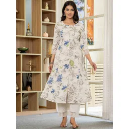 Pistaa Women Floral Printed Pure Cotton A-Line Kurta with Trouser image 1