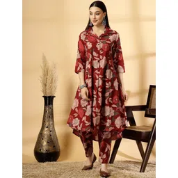 Pistaa Women Floral Printed Regular Pure Cotton Kurta with Trousers-picture-25
