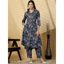 Pistaa Women Floral Printed Regular Pure Cotton Kurta with Trousers-picture-32