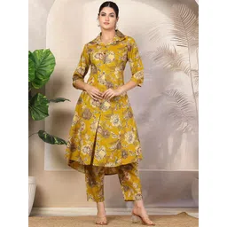 Pistaa Women Floral Printed Regular Pure Cotton Kurta with Trousers-picture-28