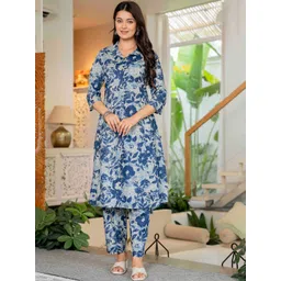Pistaa Women Floral Printed Tiered Pure Cotton Kurta with Trousers-picture-18