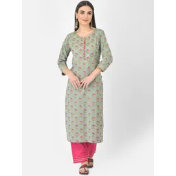 Pistaa Women Green Floral Printed Pure Cotton Kurta with Trousers-picture-34