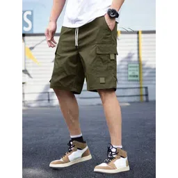 Solid Men Dark Green Cargo Shorts-image-4