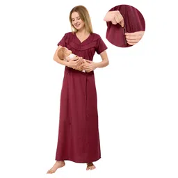 Piu Cotton Woven Half Sleeves Abstract Printed Nighty With Side Zipper Nursing Access - Maroon-picture-20