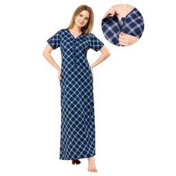 Piu Cotton Woven Half Sleeves Checked Maternity Nighty With Centre Front Nursing Access - Blue-picture-24