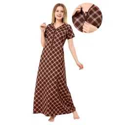 Piu Cotton Woven Half Sleeves Checked Maternity Nighty With Centre Front Nursing Access - Brown-picture-14