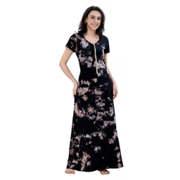 Piu Knit Half Sleeves Tie & Dye Nighty With Front Zipper Nursing Access - Black-picture-18