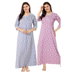 Piu Pack Of 2 Cotton Three Fourth Sleeves Floral Printed Nighties - Purple & Blue-picture-42