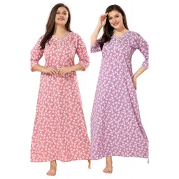 Piu Pack Of 2 Cotton Three Fourth Sleeves Floral Printed Nighties - Purple & Pink-picture-41