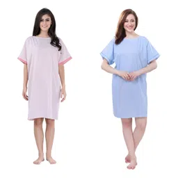 Piu Pack Of 2 Cotton Woven Half Sleeves Polka Dots Printed Hospital Patient Night Dress - Multi Colour-picture-27