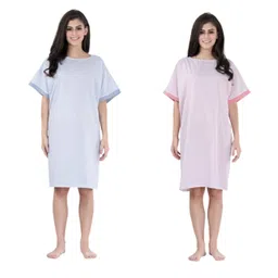 Piu Pack Of 2 Cotton Woven Half Sleeves Polka Dots Printed Hospital Patient Night Dress - Multi Colour-picture-28