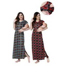 Piu Sinker Woven Pack of 2 Half Sleeves Abstract Printed Nighty With Concealed Nursing Access - Blue & Red-picture-16