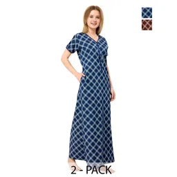 Piu Women Pack Of 2 Checked Front Zipper Maxi Nightdress-picture-24