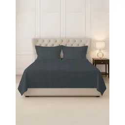 Pizuna Grey Cotton 300 TC Checked Super King Flat Bedsheet with 2 Pillow Covers-picture-13