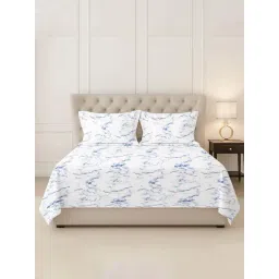 Pizuna Marble Blue Cotton 400 TC Printed Super King Flat Bedsheet with 2 Pillow Covers-picture-3
