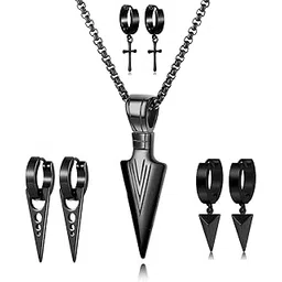 pjwong Mens Boys Black Stainless Steel Cool Dagger Arrowhead Arrow Drop Pendant Chain Necklace, 3 Pairs Punk Style Cross Geometric Triangle Dangle Surgical Huggie Hoop Earrings Jewelry Set, Metal, No-picture-19