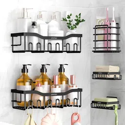 Plantex No Drill Bathroom Organiser Set of 5 Pieces with Self Adhesive Bathroom Shelves/Soap Stands/Toothbrush and Paste Holder - Black, Pack of 5 image 1